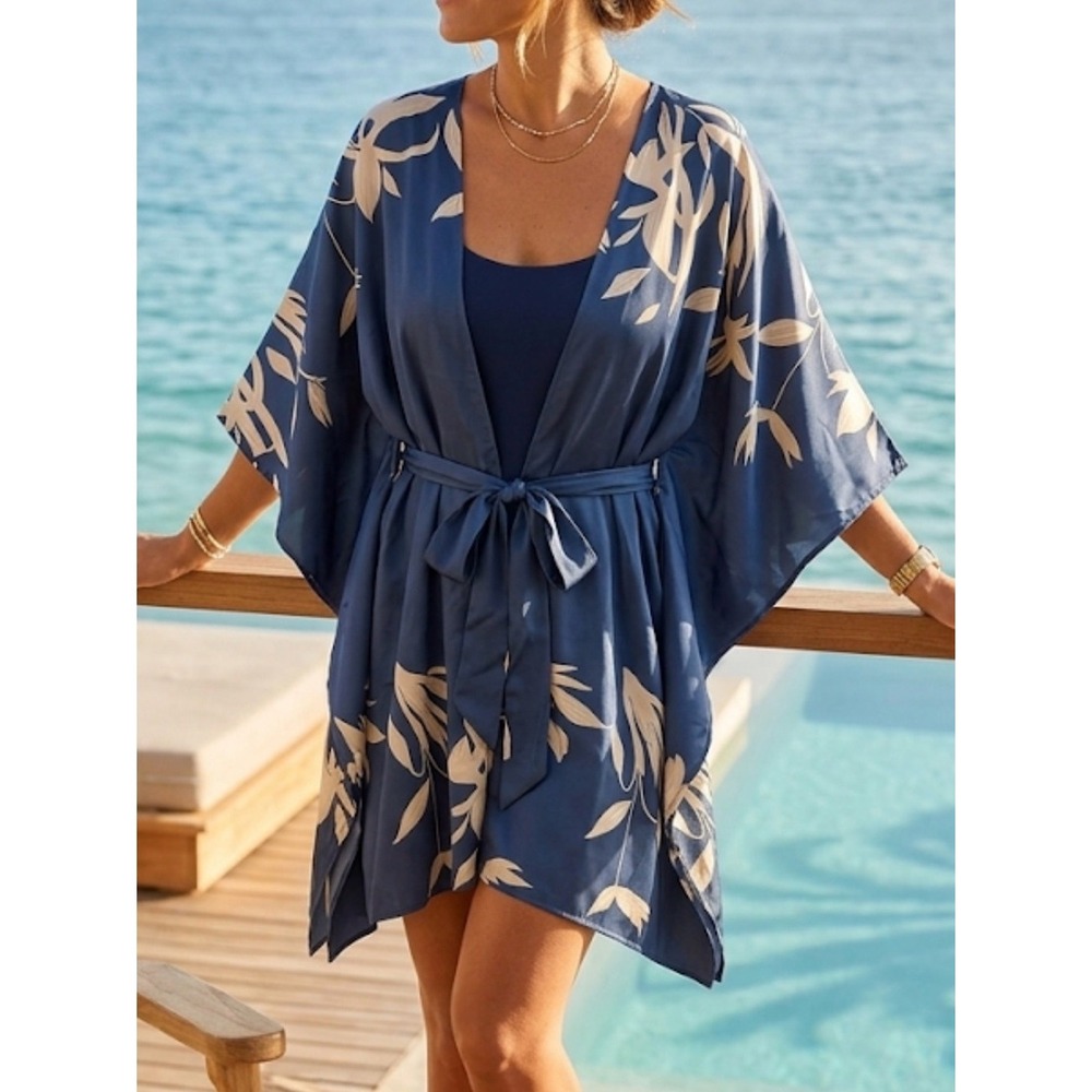 Cupshe Navy Blue Floral Kimono Cover Up Tie Waist CAA05A3H096UU Large NWT